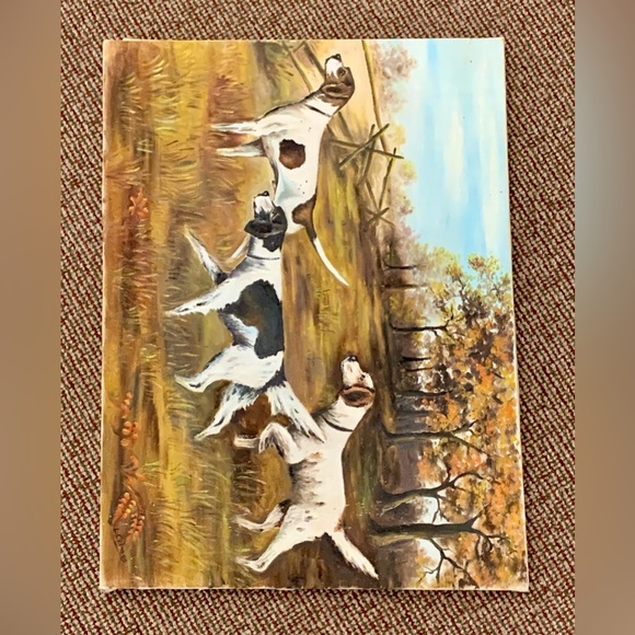Mid Century Vintage Acrylic on Canvas 3 Dogs Hunting in Field Painting - Picture 12 of 13